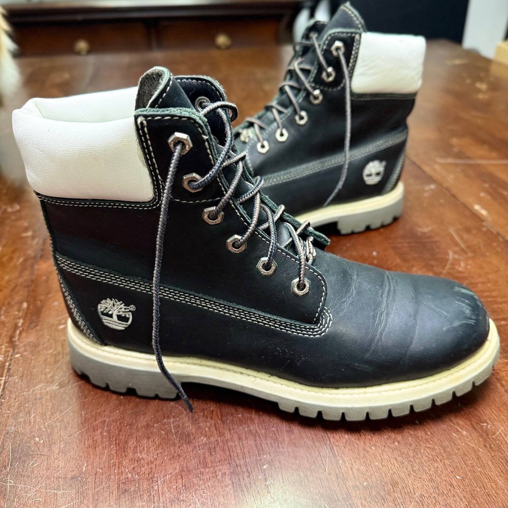 Timberland Premium Boot Womens 11 Black White Leather 6" Waterproof 27358